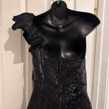 Vintage Nadine Black Sequin One Shoulder Gown | Asymmetrical Taffeta Bow Formal Dress ￼