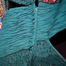 Vintage 80s Heavily Beaded Silk Gown Emerald Teal Sequin Cutout Prom Pageant Dress