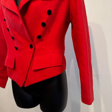 Vintage French Red Wool Blazer, 80s Red Double Breasted Jacket, Black Velvet Collar, Tailored Peplum Jacket, Made in France