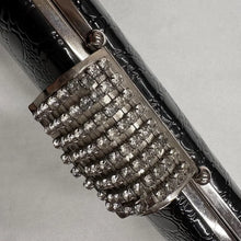 Vintage Black Croc Embossed Cylinder Clutch Bag, Rhinestone Clasp Evening Purse, Chain Strap Y2K Shoulder Bag