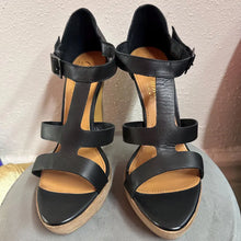 Black Leather Platform Heels Size AU 10 | Strappy Minimal Sandals Chunky Heel