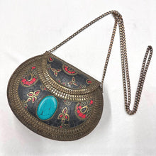 Vintage Bohemian Metal Clutch Bag | Turquoise Style Stone Crossbody Purse | Tribal Mosaic Evening Bag