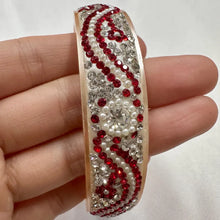 Vintage Rhinestone Pearl Bangle Bracelet, Red Crystal Embellished Cream Lucite Style Bracelet, Y2K Glam Statement Jewelry