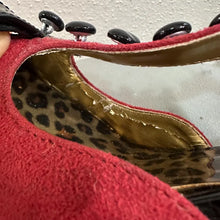 Red Suede Black Patent T-Strap Heels: Leopard Insole, Button Detail Pumps (Size 10)