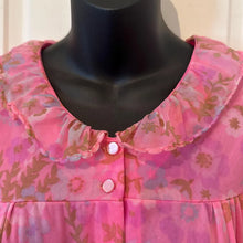 Vintage Pink Floral Sheer Housecoat Dressing Gown - Ruffled Collar Button Front Maxi Duster Robe