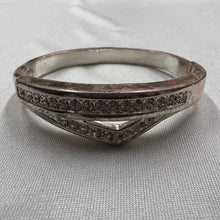 Vintage Rhinestone Open Cuff Bracelet / Silver Tone Geometric Bangle / Art Deco Style Jewelry