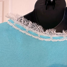 Vintage Aqua Blue Long Sleeve Granny Nightgown - White Embroidered Lace Bodice Yoke Bow Accent Sleep Dress - Fits Modern Large