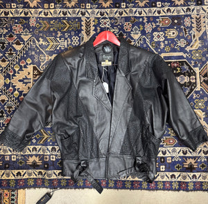 Vintage 80s Black Leather Jacket - Leopard Panel Detail