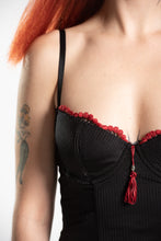 Opium Den Slinky Black Bustier with Red Trim French Lace