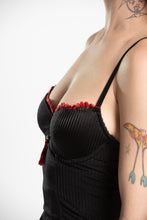 Opium Den Slinky Black Bustier with Red Trim French Lace