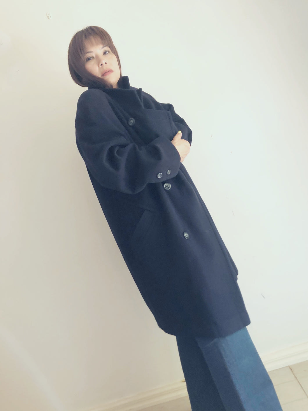 Navy blue lambswool and cashmere coat