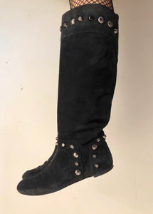 Black knee High Studded Suede Leather Boots