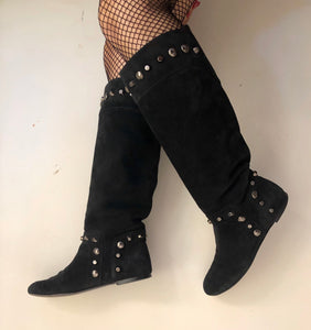 Black knee High Studded Suede Leather Boots
