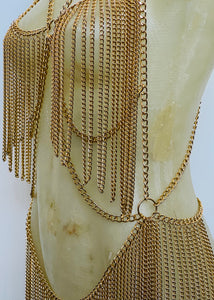 Gold Cut-Out Bodychain Fringe Playsuit