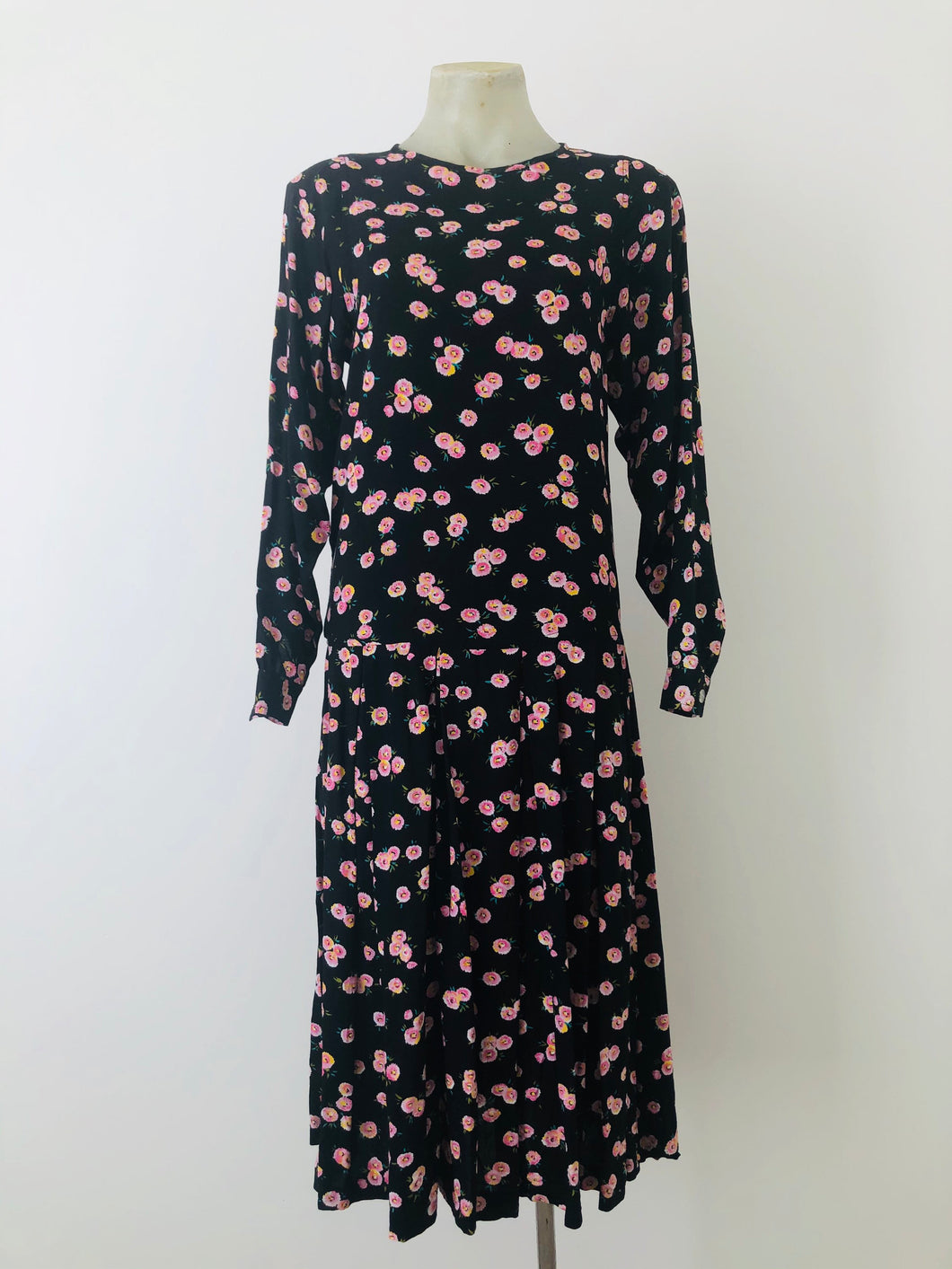 Black ditsy print drop-waisted midi dress