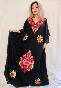 Black Floral Embroidered Kaftan Dress