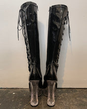 Black Faux Patent Lace-Up Knee-High Boots