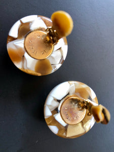 Camel and white lucite button clip earrings