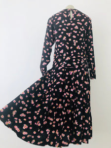 Black ditsy print drop-waisted midi dress