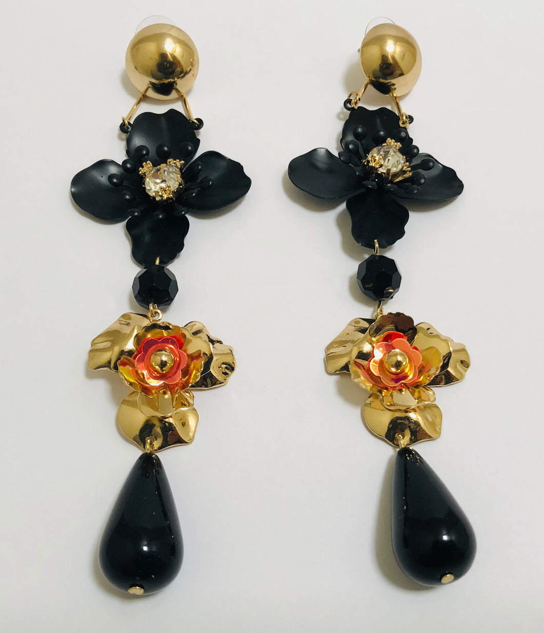 Gold and black flower statement earrings