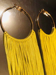 Yellow fringe tassel hoop earrings