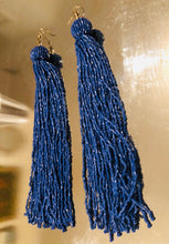 Lapis Blue Long Beaded Tassel Statement Earrings
