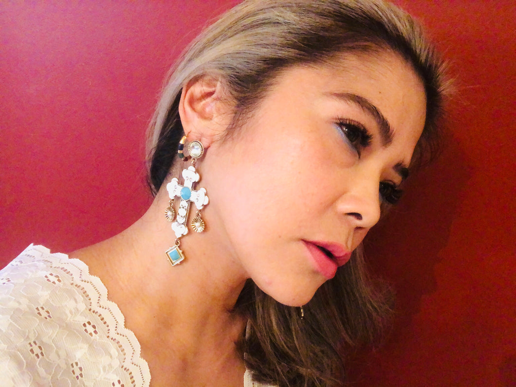 White enamel cross earrings