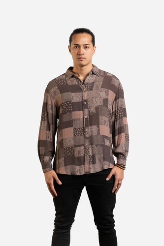 Y2k Taupe Checkered Block Pattern Long Sleeve Shirt