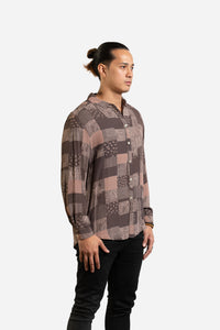 Y2k Taupe Checkered Block Pattern Long Sleeve Shirt